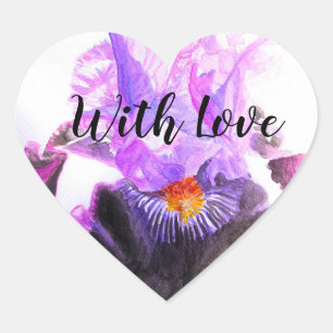Sticker Cœur Iris Pourpre Fleur Aquarelle Florale Avec amour