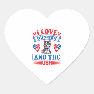 Sticker Cœur J'aime les Huskies sibériens et les USA
