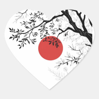 Sticker Cœur Japanese Red Sun & Brush Tree Art
