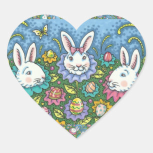 STICKER CŒUR JARDIN D'OEUFS DE PÂQUES BLANCS, FLEURS DE RABBIT