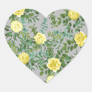 Sticker Cœur Jaune et gris Vintage Élégant Mariage floral