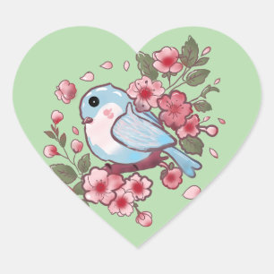 Sticker Cœur Joli bleu de printemps oiseau et fleur de cerisier