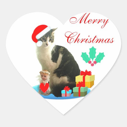 Sticker Cœur Joli chat tabby de Noël (Devant)