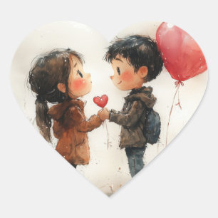 Sticker Cœur Joli Couple Aquarelle Ballon en Forme de Coeur Amo