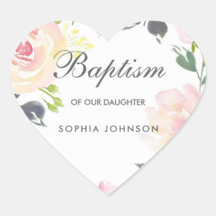 Sticker Cœur Joli rose Fleurs de Blush Baby Girl Baptism Invita