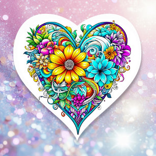 Sticker Cœur Joli Turquoise coeur floral pourpre Saint-Valent