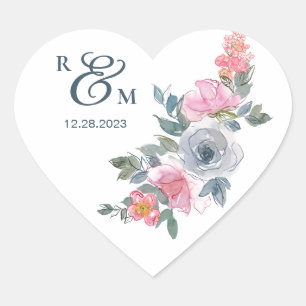 Sticker Cœur Jolie Aquarelle rose Sage Bleu Monogramme Floral
