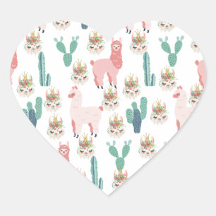 Sticker Cœur Jolis lama pink et cactus vert 