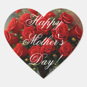 Sticker Cœur Joyeuse Fête des Mères Élégante Roses Rouges Flora