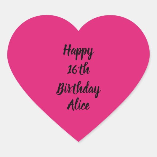 Sticker Cœur Joyeux 16e anniversaire rose noir Nom personnalisé (Devant)