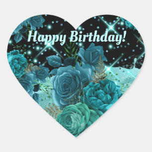 Sticker Cœur Joyeux anniversaire Roses Turquoises avec Parties