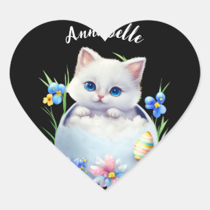 Sticker Cœur Joyeux Kitten blanc de Pâques avec fleurs