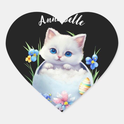Sticker Cœur Joyeux Kitten blanc de Pâques avec fleurs (Devant)