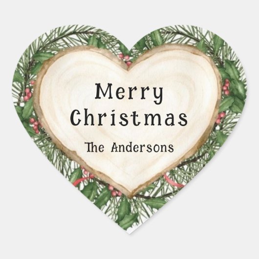 Sticker Cœur Joyeux Noël Slice Wood Heart Wreath Custom (Devant)