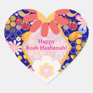 Sticker Cœur Joyeux Rosh Hashanah Juif Nouvel An Modèle Floral