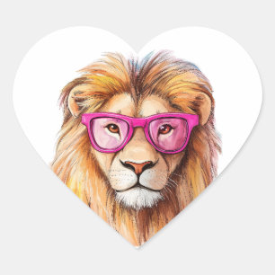 Sticker Cœur Le lion aux lunettes roses