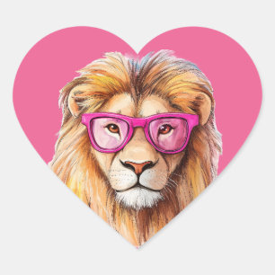 Sticker Cœur Le lion avec lunettes roses Arrière - plan rose