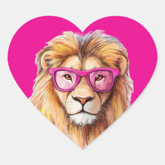 Sticker Cœur Le lion avec lunettes roses Arrière - plan rose fo