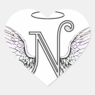 Sticker Cœur Lettre N Monogramme initial avec ailes angéliques 