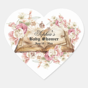 Sticker Cœur Livre de Conte de Fées Fleurs Rose Baby Shower