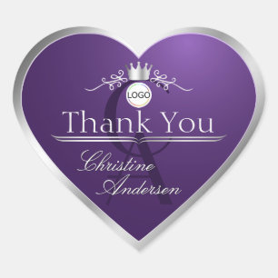 Sticker Cœur Logo Monogramme Cadre Argent Violet Foncé Merci
