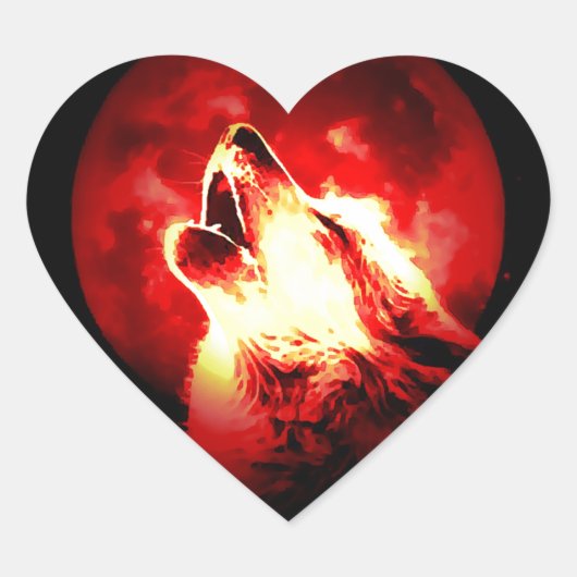 Sticker Cœur Loup, lune et ciel rouge (Devant)