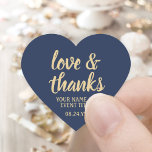Sticker Cœur Love & Merci Navy Blue and Gold Simple Script<br><div class="desc">Ajoutez une touche personnalisée aux faveurs de la fête et des notes de remerciement avec des autocollants personnalisés en forme de coeur / enveloppes. Tout libellé sur ce modèle est simple à customiser pour toute occasion, comme mariage, douche nuptiale, remise des diplômes, fête d'anniversaire, anniversaire ou retraite. Le design bleu...</div>