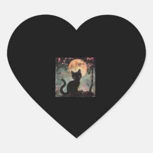 Sticker Cœur Lune rouge mystique avec chat noir et Sakura