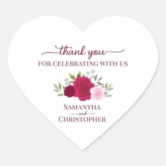 Sticker Cœur Magenta Pink Roses Elegant Wedding Thank You (Devant)