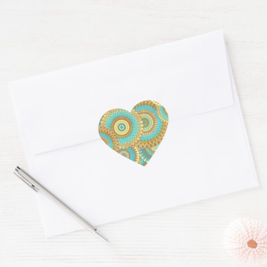 Sticker Cœur Mandala superposé bleu marron or (Enveloppe)