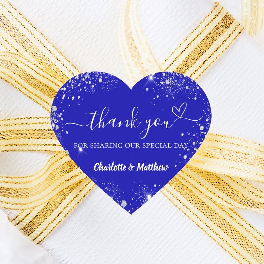 Sticker Cœur Mariage bleu royal paillettes d'argent cœur merci