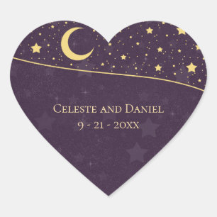 Sticker Cœur Mariage Céleste Deep Purple Étoiles et Lune