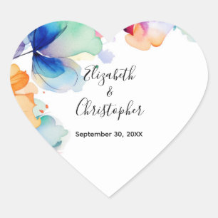 Sticker Cœur Mariage d'aquarelle florale brillant personnalisé