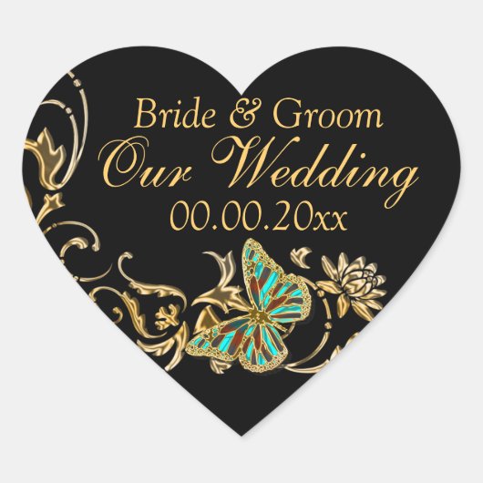 Sticker Cœur Mariage de papillon noir or fiançailles (Devant)