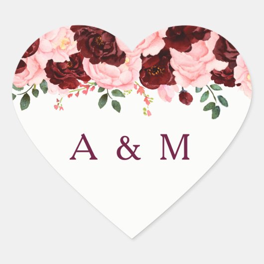 Sticker Cœur Mariage des Initiales Florales Roses rose Brousse (Devant)