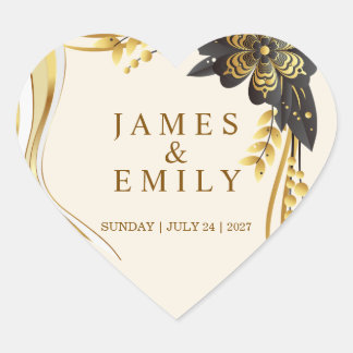 Sticker Cœur Mariage élégant noir et or