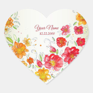 Sticker Cœur Mariage Fleurie Rose Jaune Rouge Coloré