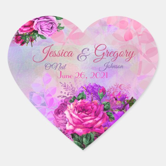 Sticker Cœur Mariage floral Amethyst framboise (Devant)