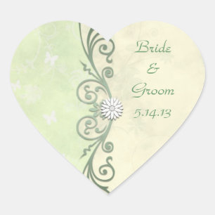 Sticker Cœur Mariage Floral de Printemps Vert Citron et Jaune