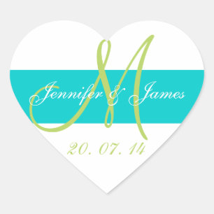 Sticker Cœur Mariage Monogramme turquoise, vert