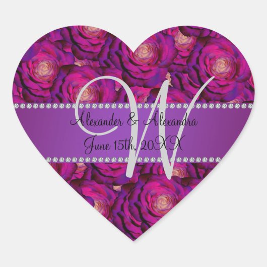 Sticker Cœur Mariage monogramme violet roses (Devant)
