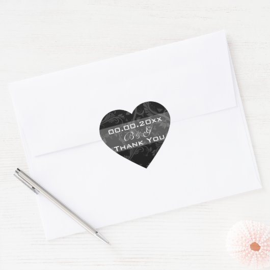 Sticker Cœur Mariage noir blanc "merci" (Enveloppe)