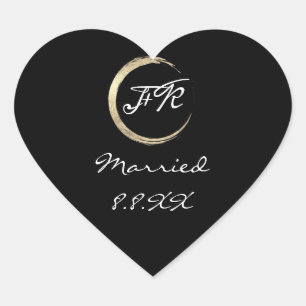 Sticker Cœur Mariage noir blanc Monogramme Or Enregistrer la da