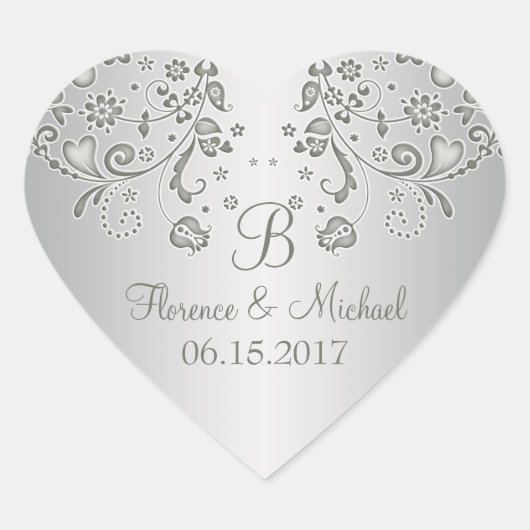 Sticker Coeur Mariage tourbillons floraux argenté (Devant)