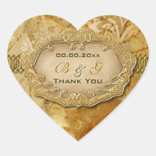 Sticker Cœur mariage vintage "Merci" brun doré