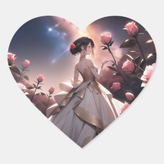 Sticker Cœur Mariée avec des roses roses en forme de cœur autoc