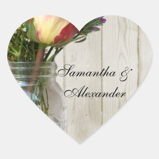 Sticker Cœur Mason Jar avec Rose et Fleur sauvage (Devant)