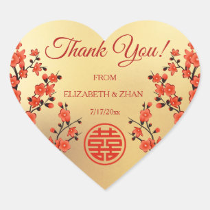 Sticker Cœur Merci chinois Mariage rouge cerisier en fleurs