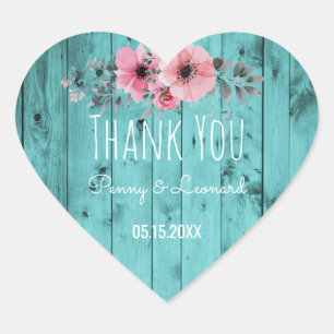 Sticker Cœur Merci Floral   Bois rustique Mariage Turquoise Fav