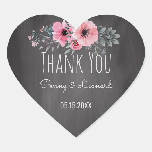 Sticker Cœur Merci Floral | Mariage Favor Chalkboard (Devant)